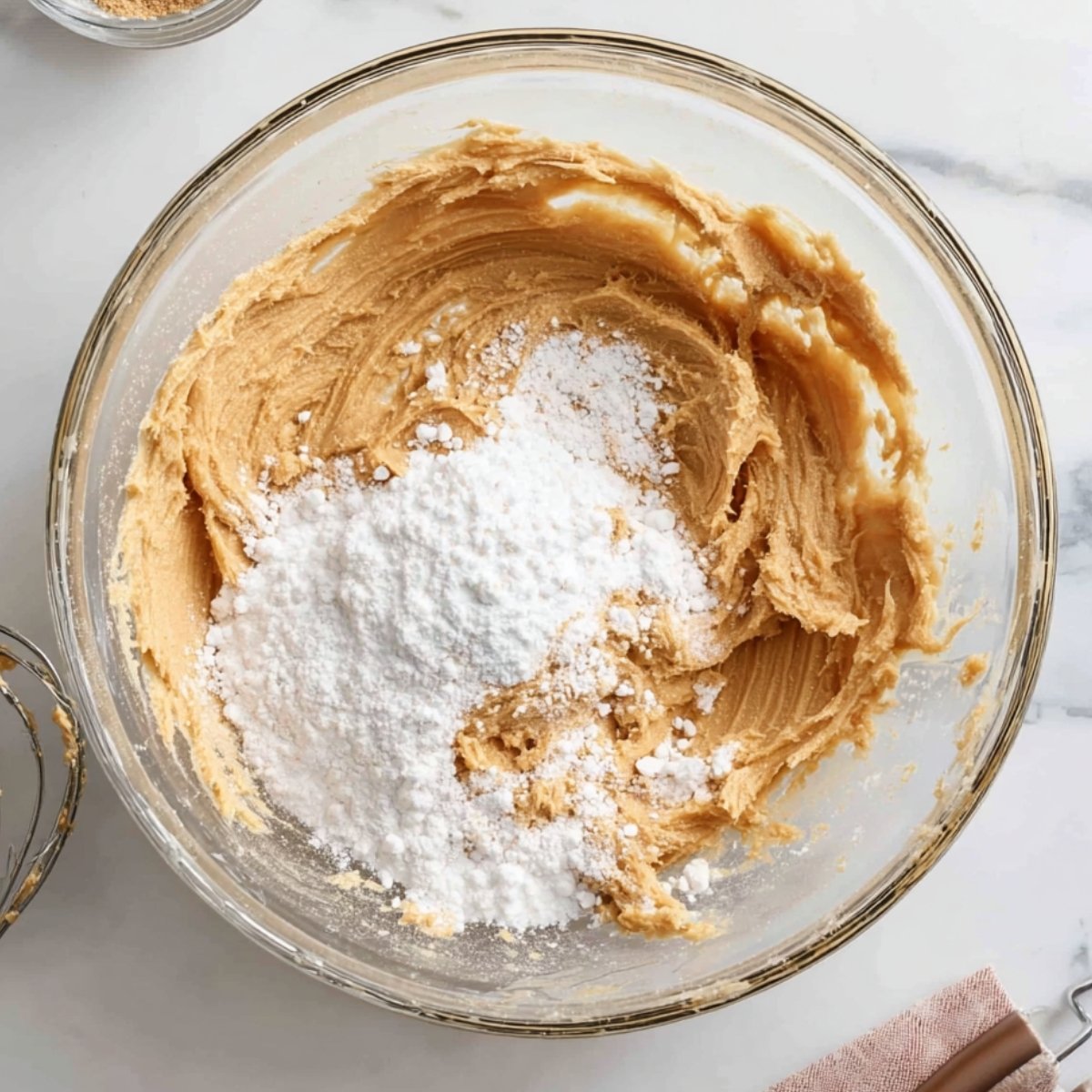 A glass mixing bowl filled with a smooth peanut butter mixture, with powdered sugar added on top, ready to be mixed into a creamy filling.