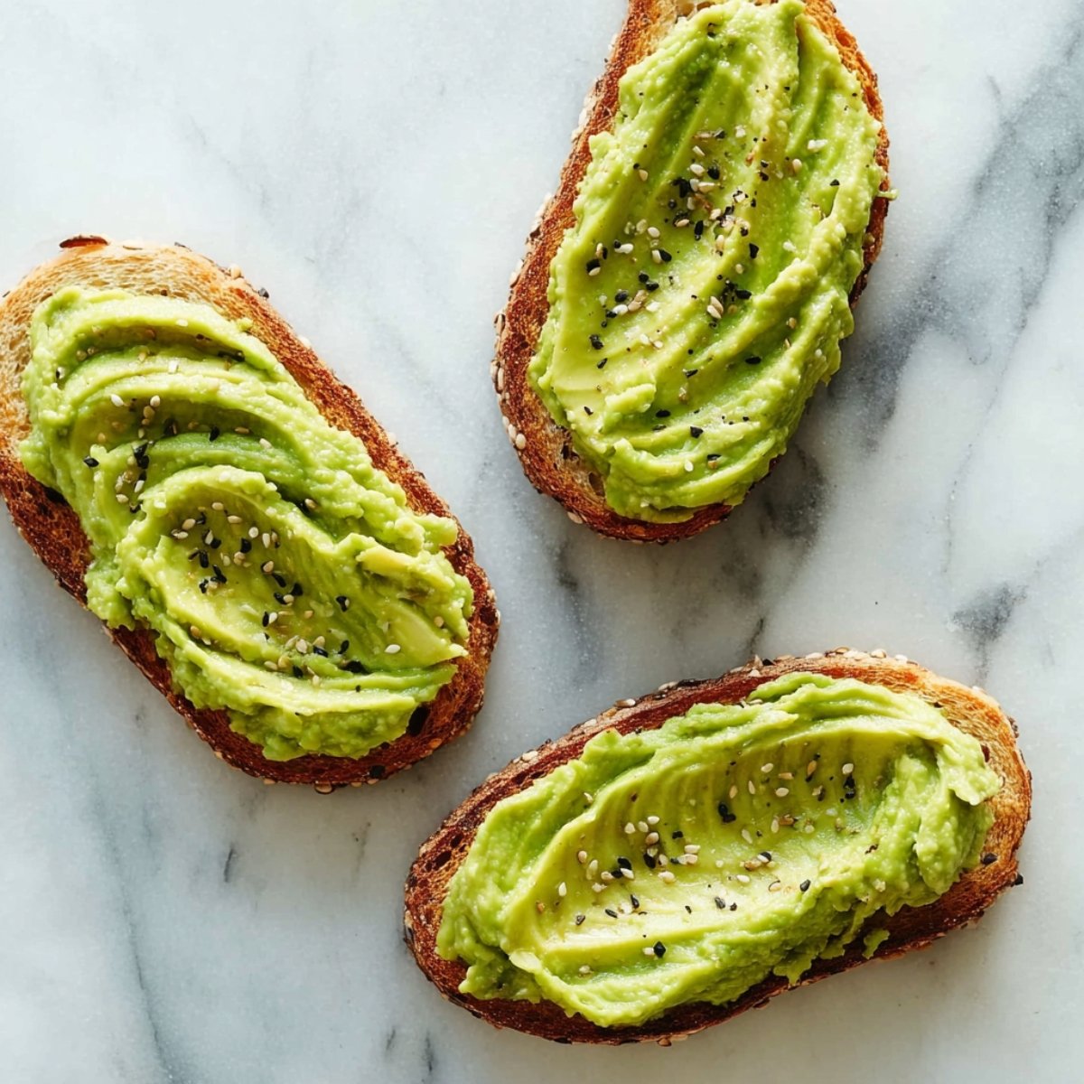Three slices of toasted bread topped with mashed avocado and sprinkled with sesame seeds on a marble surface.