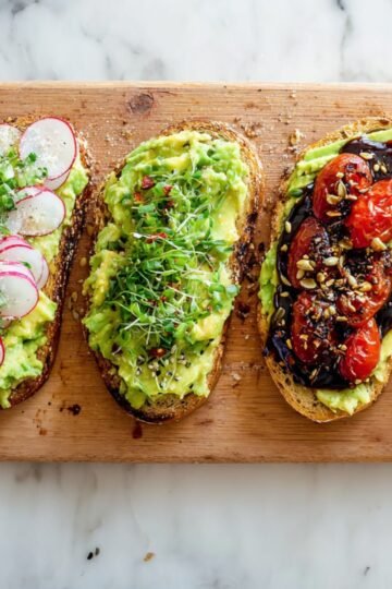 Assorted avocado toast toppings including radish, microgreens, roasted tomatoes, and seeds arranged on a wooden board.
