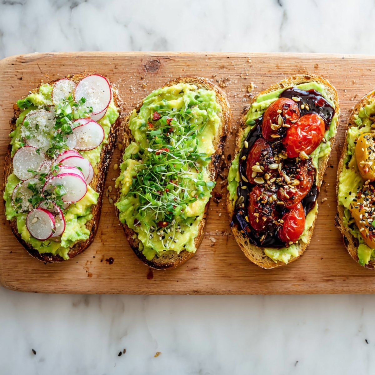 Assorted avocado toast toppings including radish, microgreens, roasted tomatoes, and seeds arranged on a wooden board.