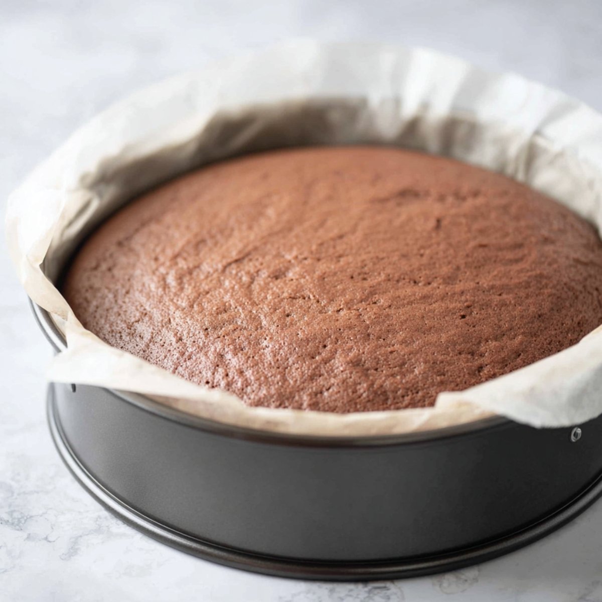 Freshly baked chocolate sponge cake cooling in a springform pan lined with parchment paper.