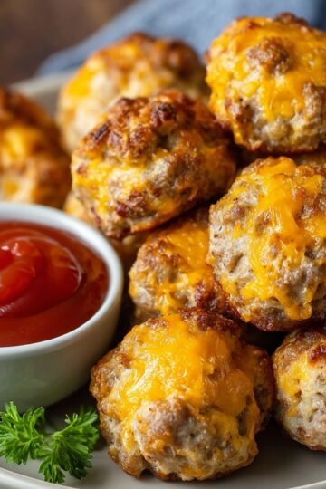Golden, cheesy Bisquick Sausage Balls fresh out of the oven, served with a side of ketchup for dipping. These savory, cheesy bites are perfect as a snack or appetizer