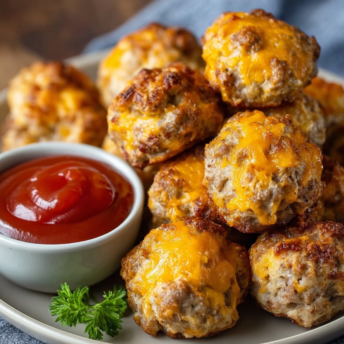 Golden, cheesy Bisquick Sausage Balls fresh out of the oven, served with a side of ketchup for dipping. These savory, cheesy bites are perfect as a snack or appetizer
