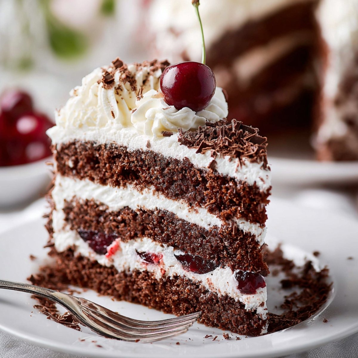 Slice of Black Forest cake with chocolate layers, whipped cream, cherries, and chocolate shavings on a plate.