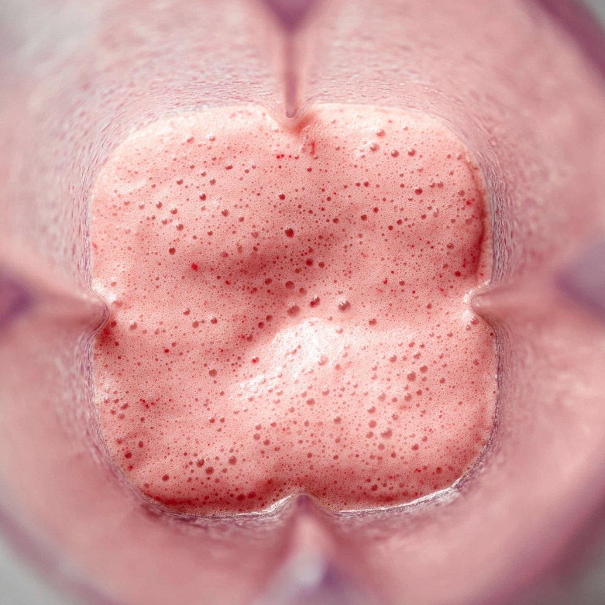 A view from above of a thick and creamy strawberry banana smoothie in a blender, with foam forming on top.