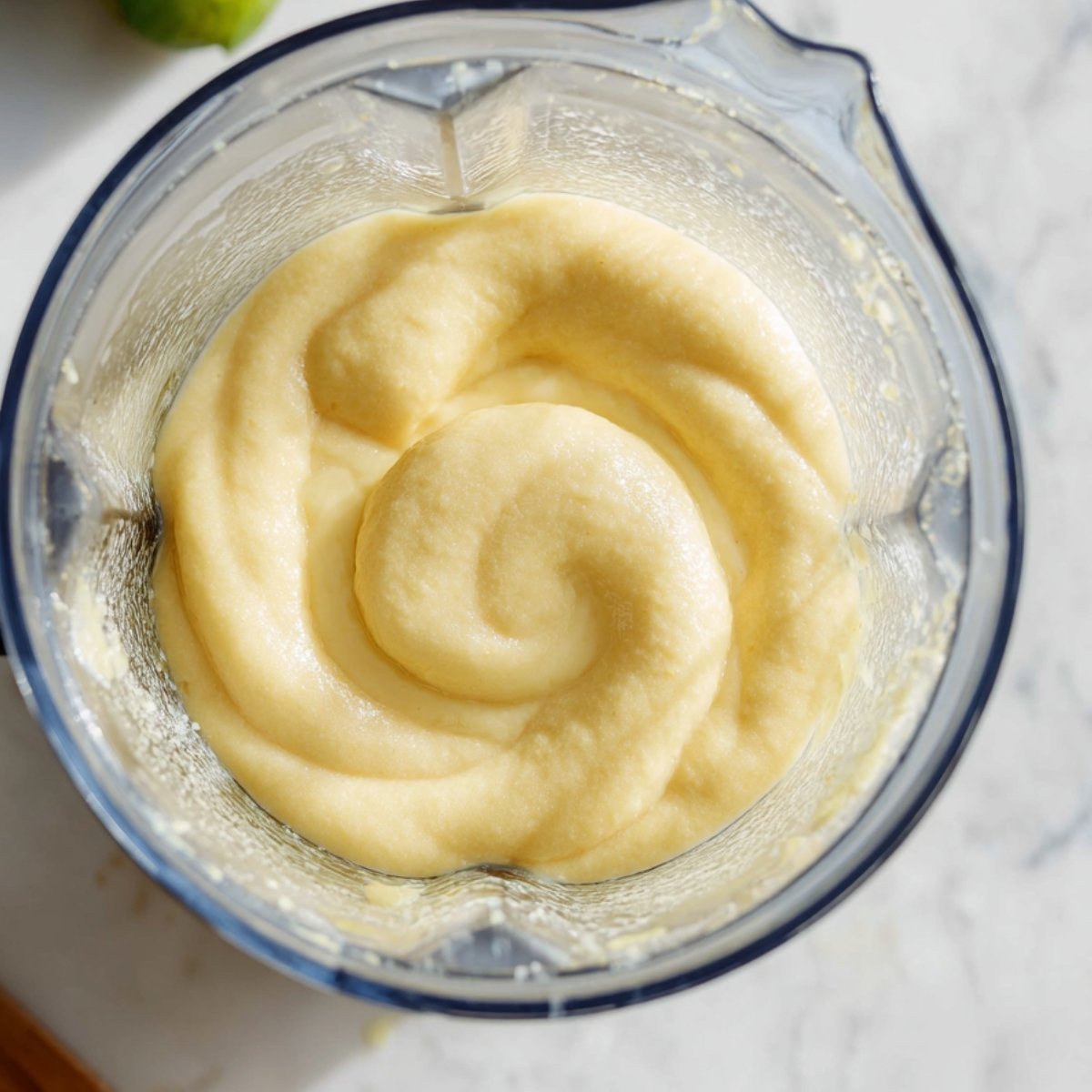 Top view of a blender filled with smooth, creamy mango smoothie with a thick, silky texture forming a swirl in the center.