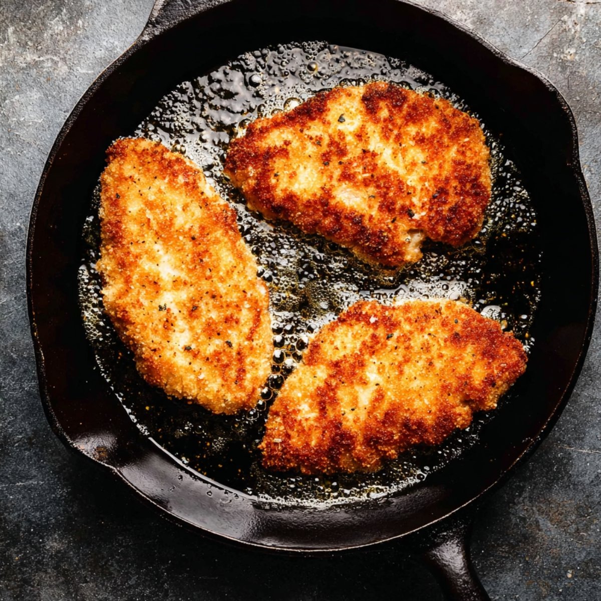 Breaded chicken cutlets frying in a cast iron skillet until golden brown and crispy