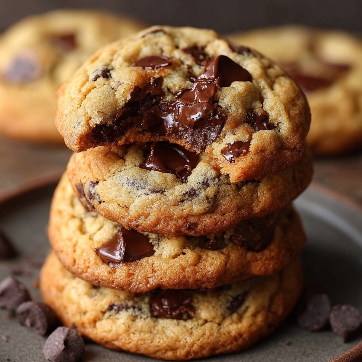 Chewy Chocolate Chip Cookies with gooey melted chocolate centers, golden brown and soft in the middle.