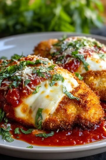 Crispy chicken Parmesan topped with melted mozzarella, marinara sauce, and fresh basil on a plate