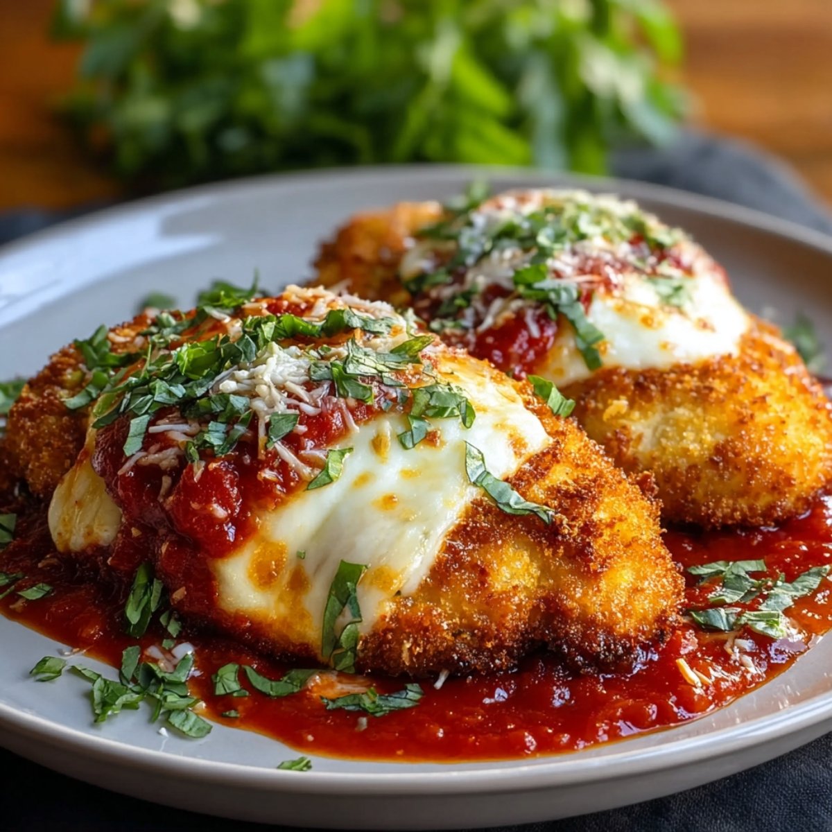 Crispy chicken Parmesan topped with melted mozzarella, marinara sauce, and fresh basil on a plate