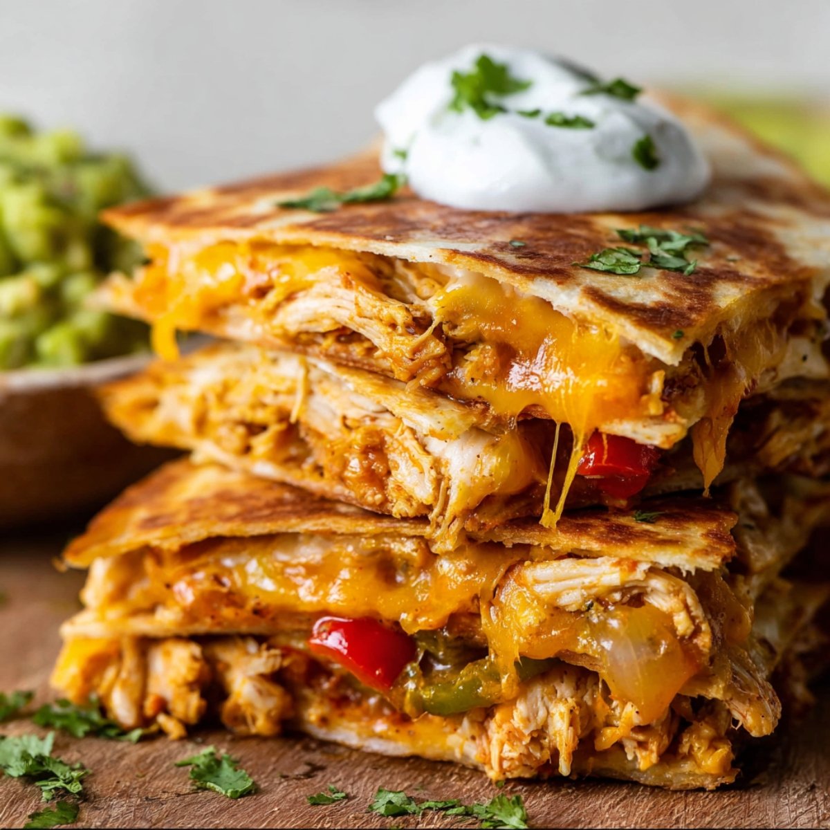 Stack of Chicken Quesadilla filled with shredded chicken, melted cheese, and bell peppers, topped with a dollop of sour cream and fresh cilantro, served with guacamole on the side.