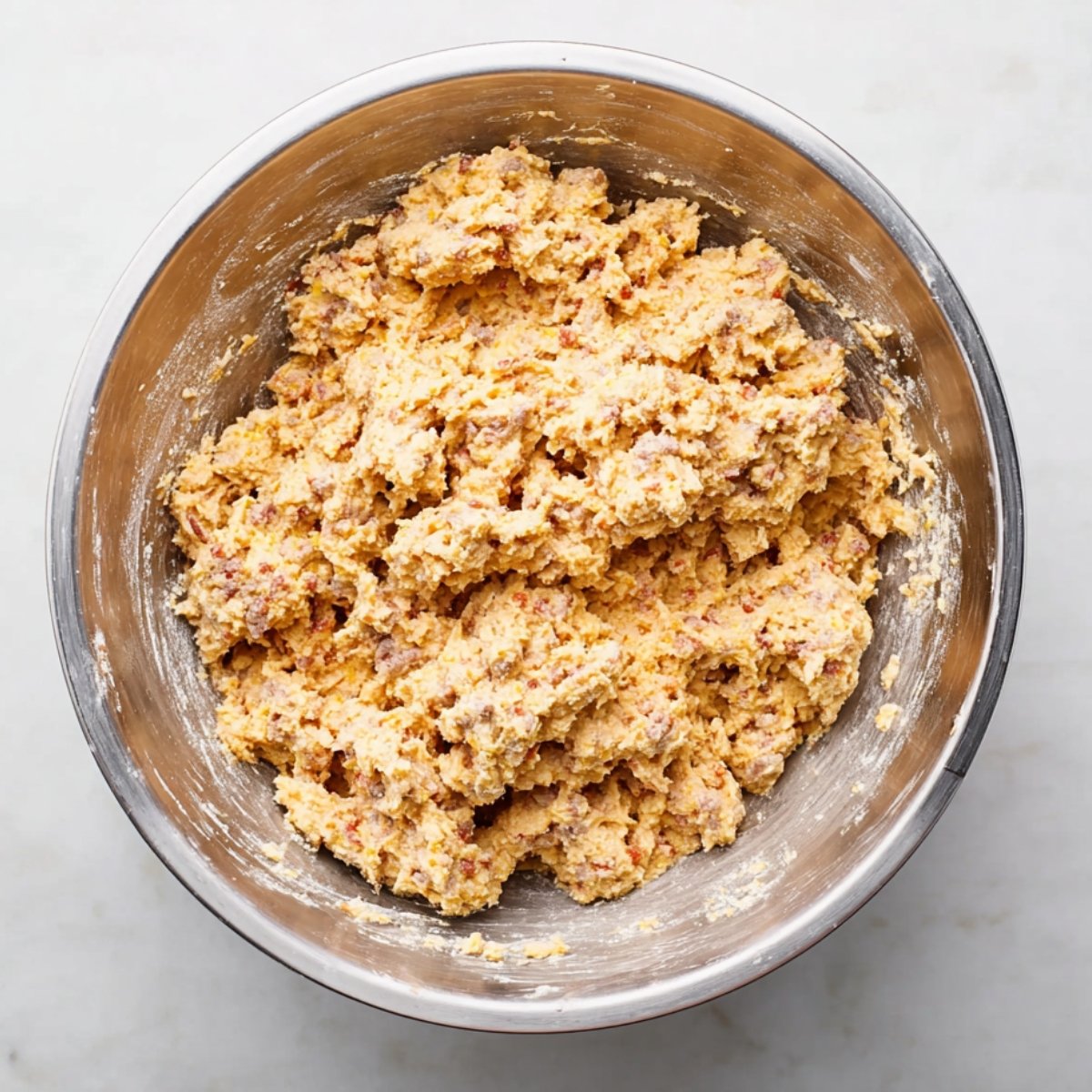 A large mixing bowl filled with sausage ball dough made from sausage, Bisquick, and cheese, ready to be shaped into bite-sized balls and baked.