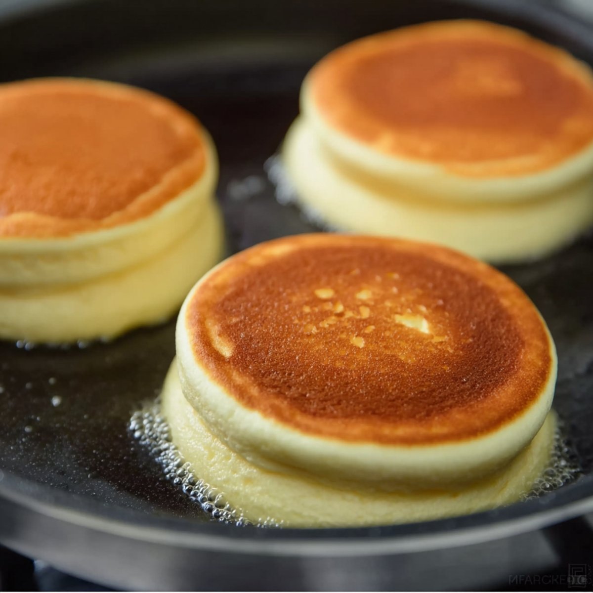 Three tall, fluffy soufflé pancakes cooking on a griddle with golden-brown bottoms.
