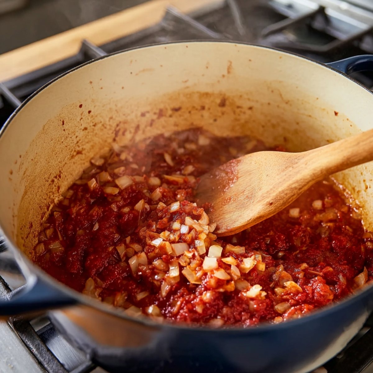Tomato paste cooking with diced onions in a Dutch oven, being stirred with a wooden spoon