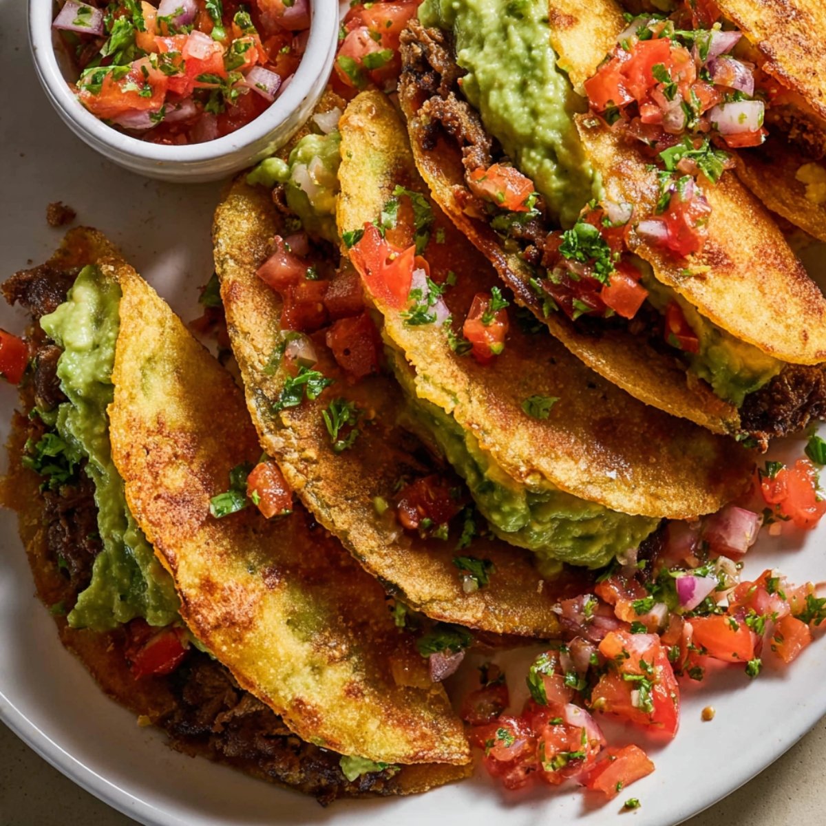 Crispy Ground Beef Tacos filled with guacamole, topped with vibrant pico de gallo and cilantro, arranged neatly on a plate.