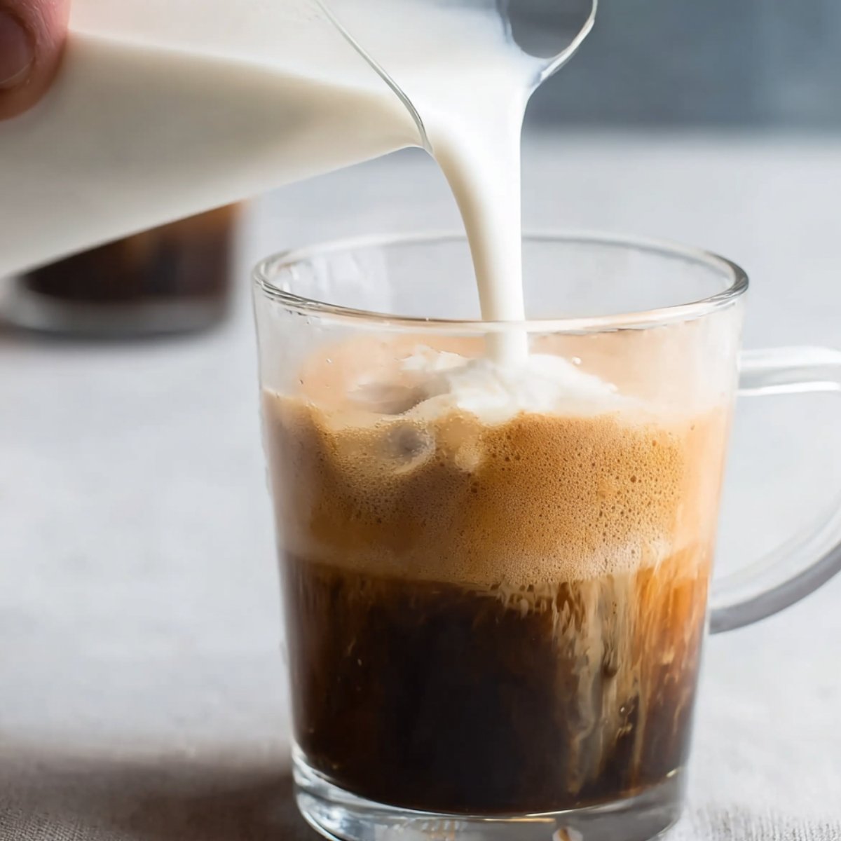 Pouring steamed milk into a cup of freshly brewed espresso, creating a frothy, creamy mixture with a smooth texture, perfect for a cortadito.
