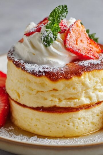 Stack of Fluffy Japanese Souffle Pancakes topped with whipped cream, powdered sugar, and fresh strawberries, with mint garnish.