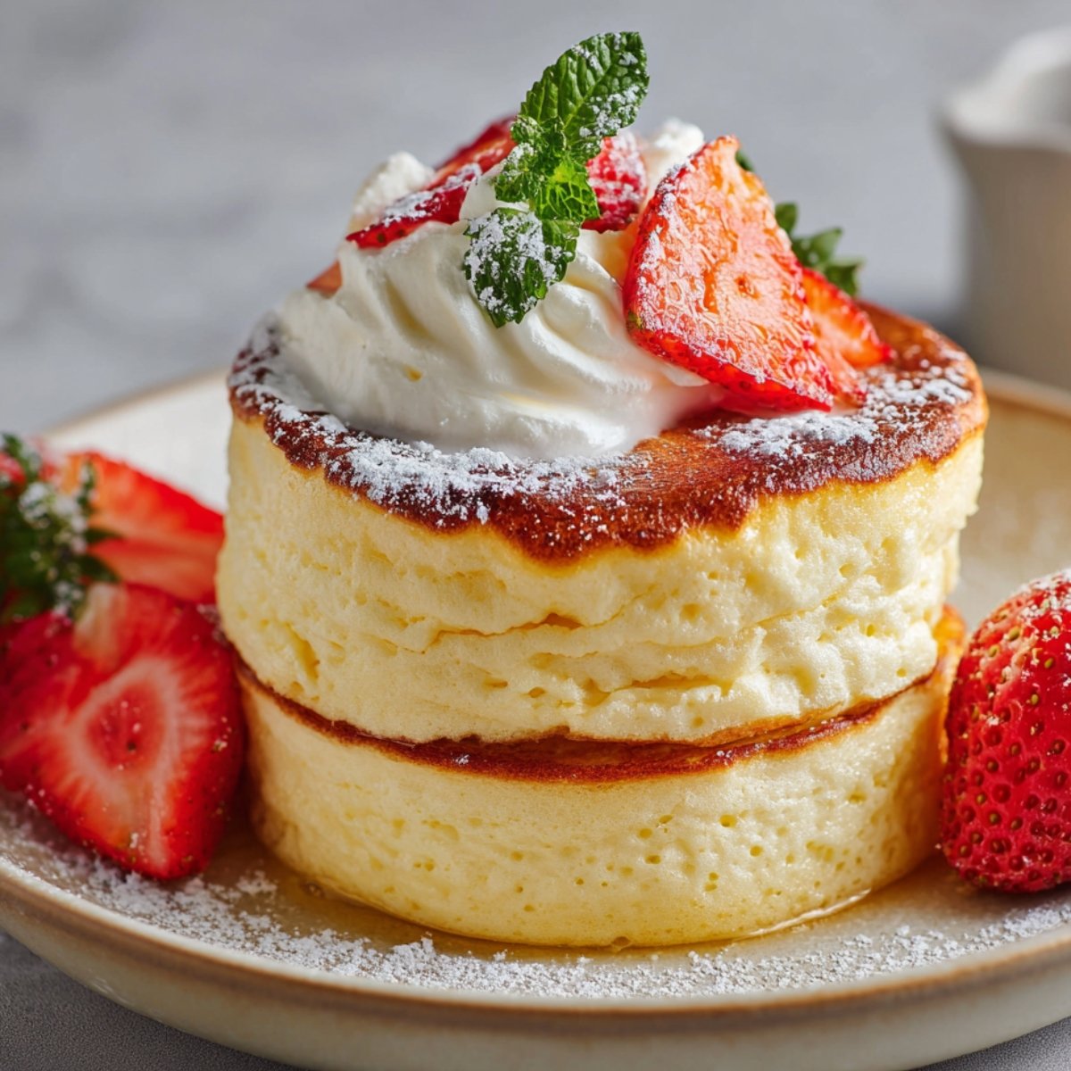 Stack of Fluffy Japanese Souffle Pancakes topped with whipped cream, powdered sugar, and fresh strawberries, with mint garnish.