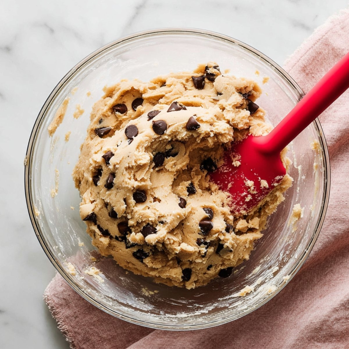 Chocolate chip cookie dough mixed in a glass bowl with a red spatula, showing thick, chunky dough texture before baking.