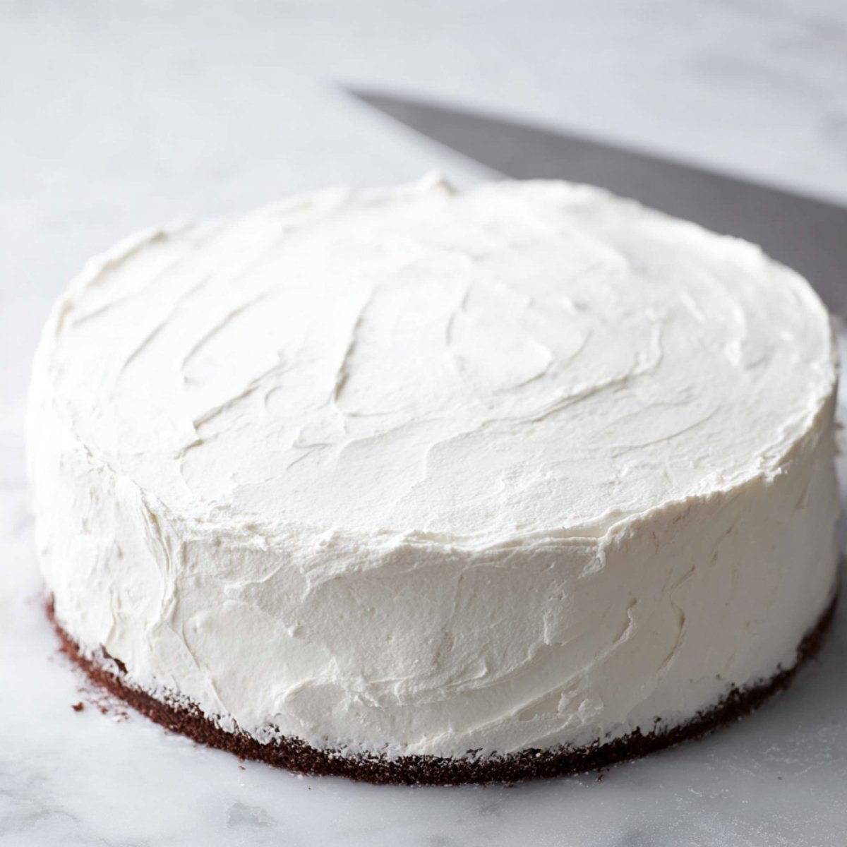 Smoothly frosted chocolate cake with white whipped cream frosting, ready for decorating.