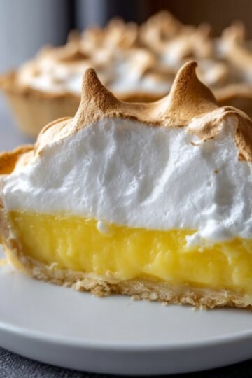 Slice of homemade lemon meringue pie showing layers of lemon filling, meringue topping, and a golden crust.