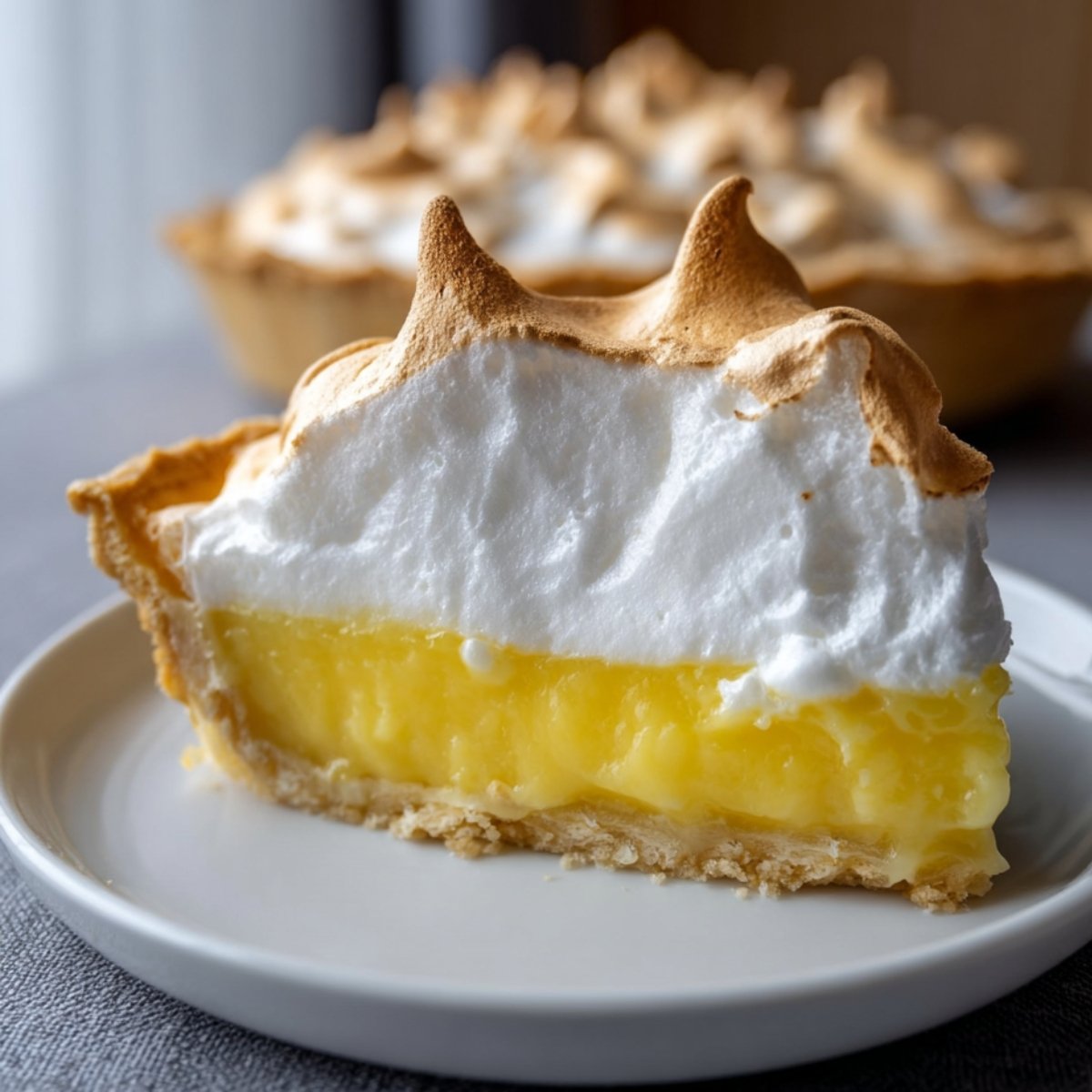 Slice of homemade lemon meringue pie showing layers of lemon filling, meringue topping, and a golden crust.