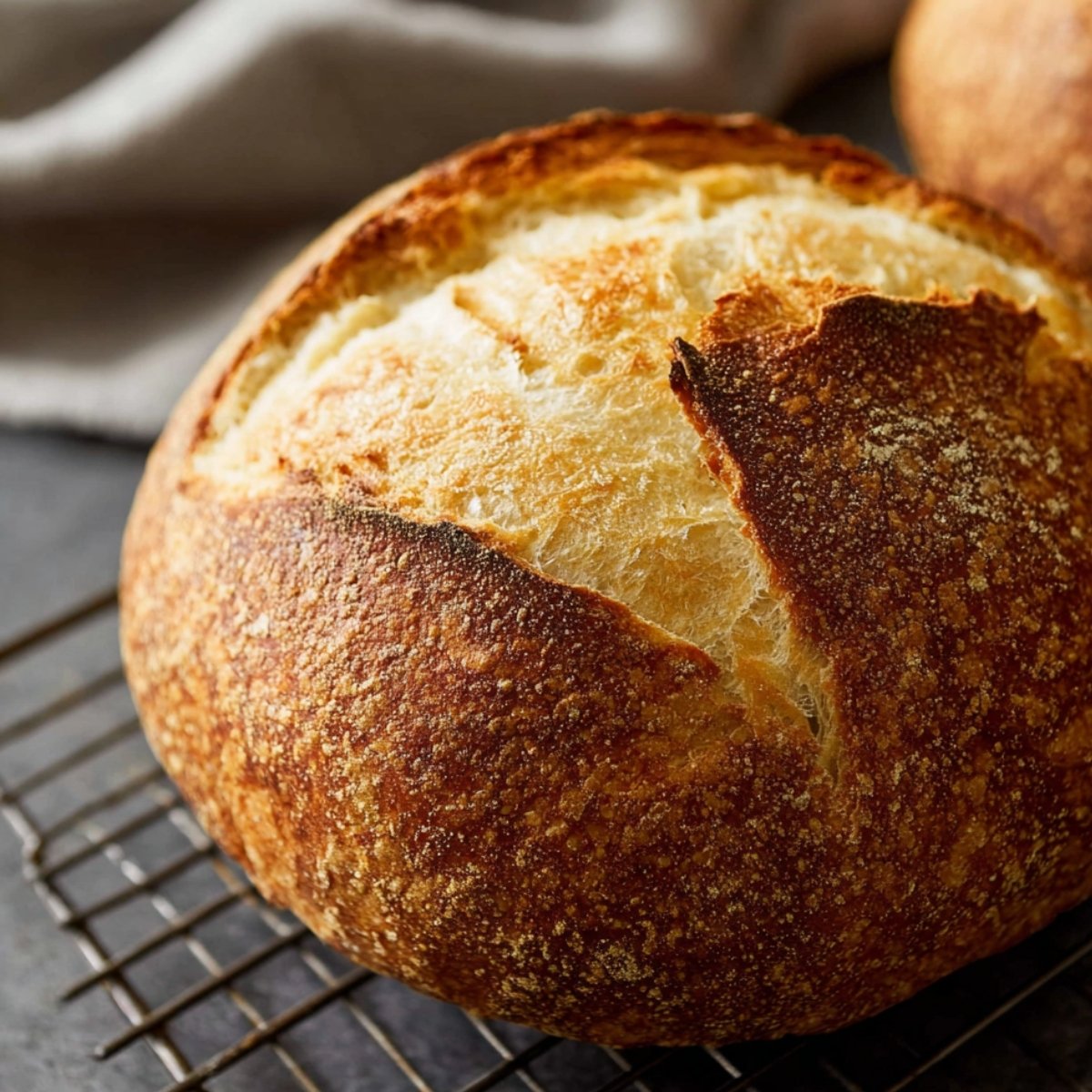 A golden-brown, perfectly baked round Homemade Sourdough Bread resting on a cooling rack, with a crisp, cracked crust.