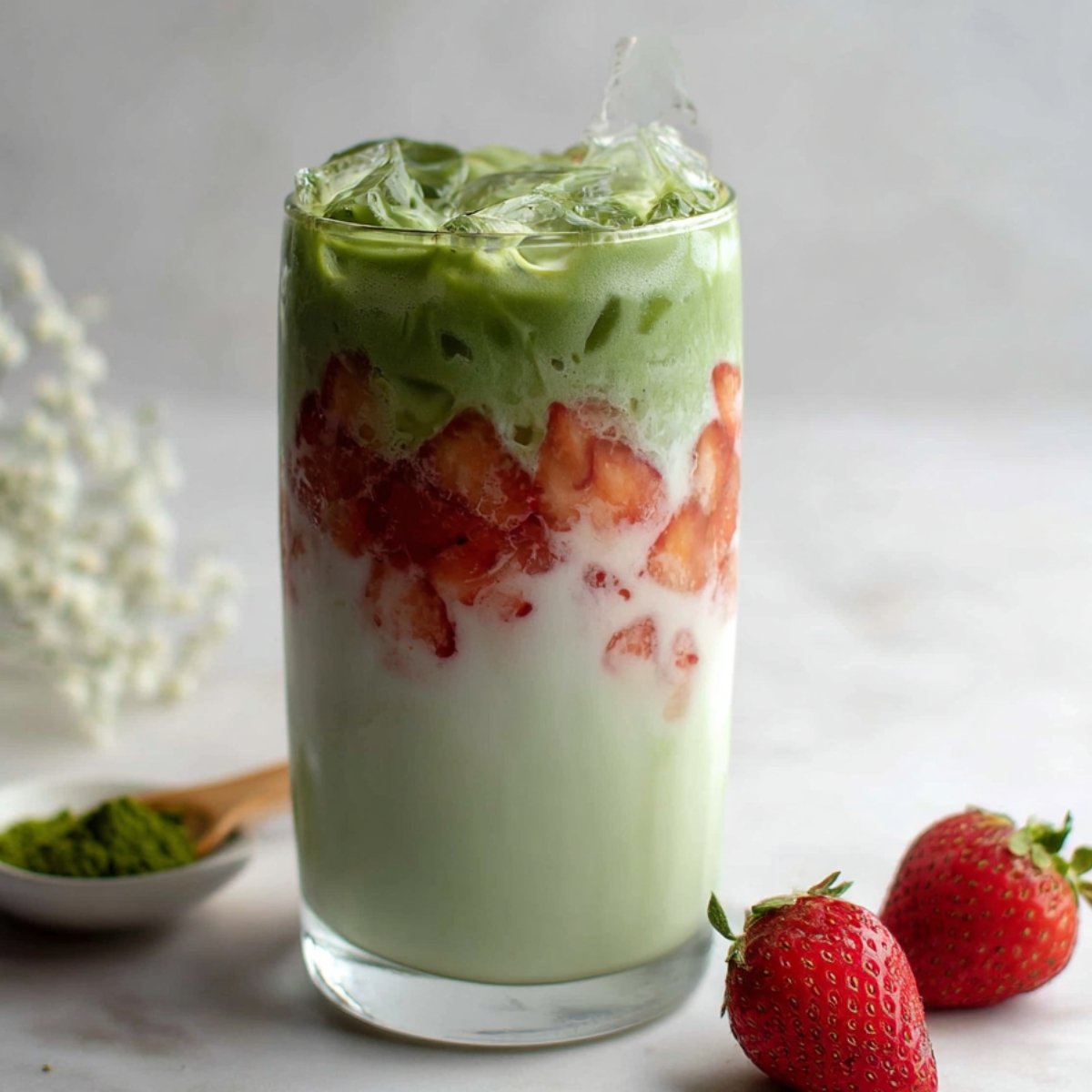 Layered Iced Strawberry Matcha Latte in a tall glass with milk, strawberry pieces, matcha, and ice cubes