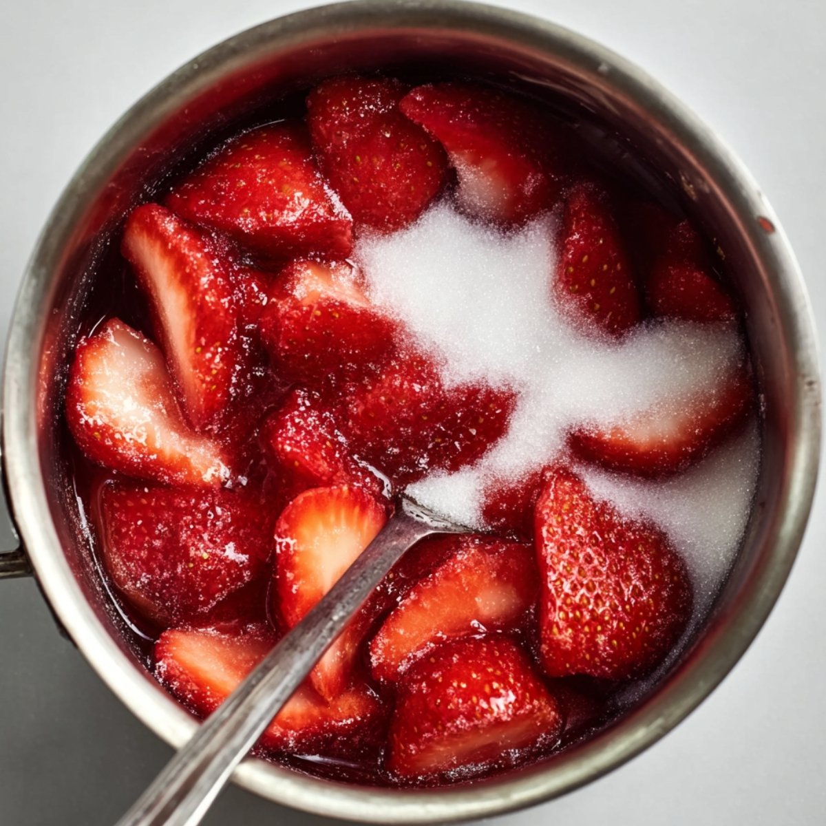 Fresh strawberries mixed with sugar in a saucepan, releasing juice while being stirred with a spoon
