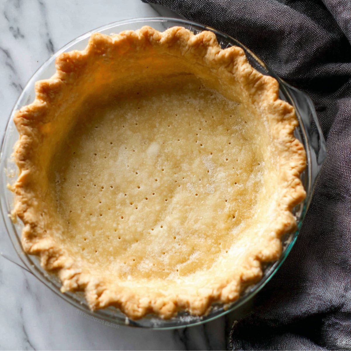 Golden, pre-baked pie crust in a glass dish with small holes pierced into the base, resting on a marble surface with a gray towel nearby.