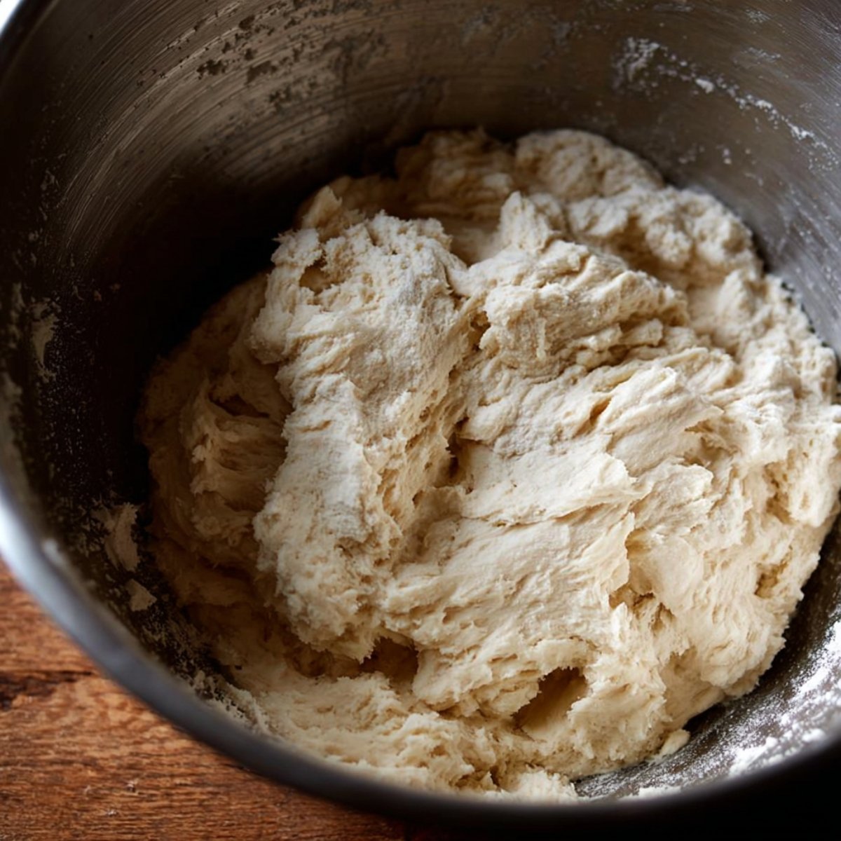 A close-up of rough dough in a mixing bowl, showing its slightly sticky and textured consistency before being kneaded.