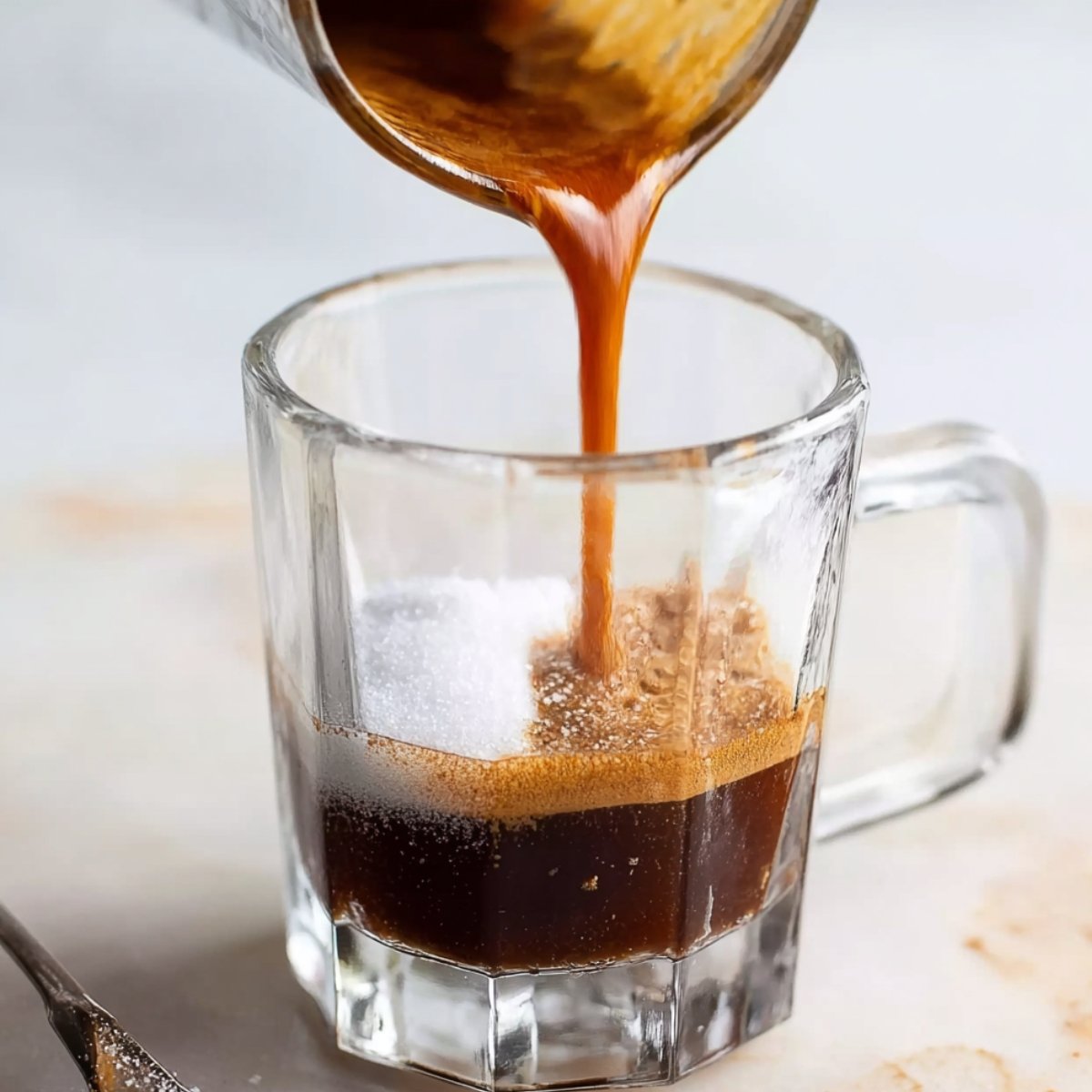 Freshly brewed espresso being poured into a glass cup over sugar, forming the base of a sweet cortadito before adding steamed milk.