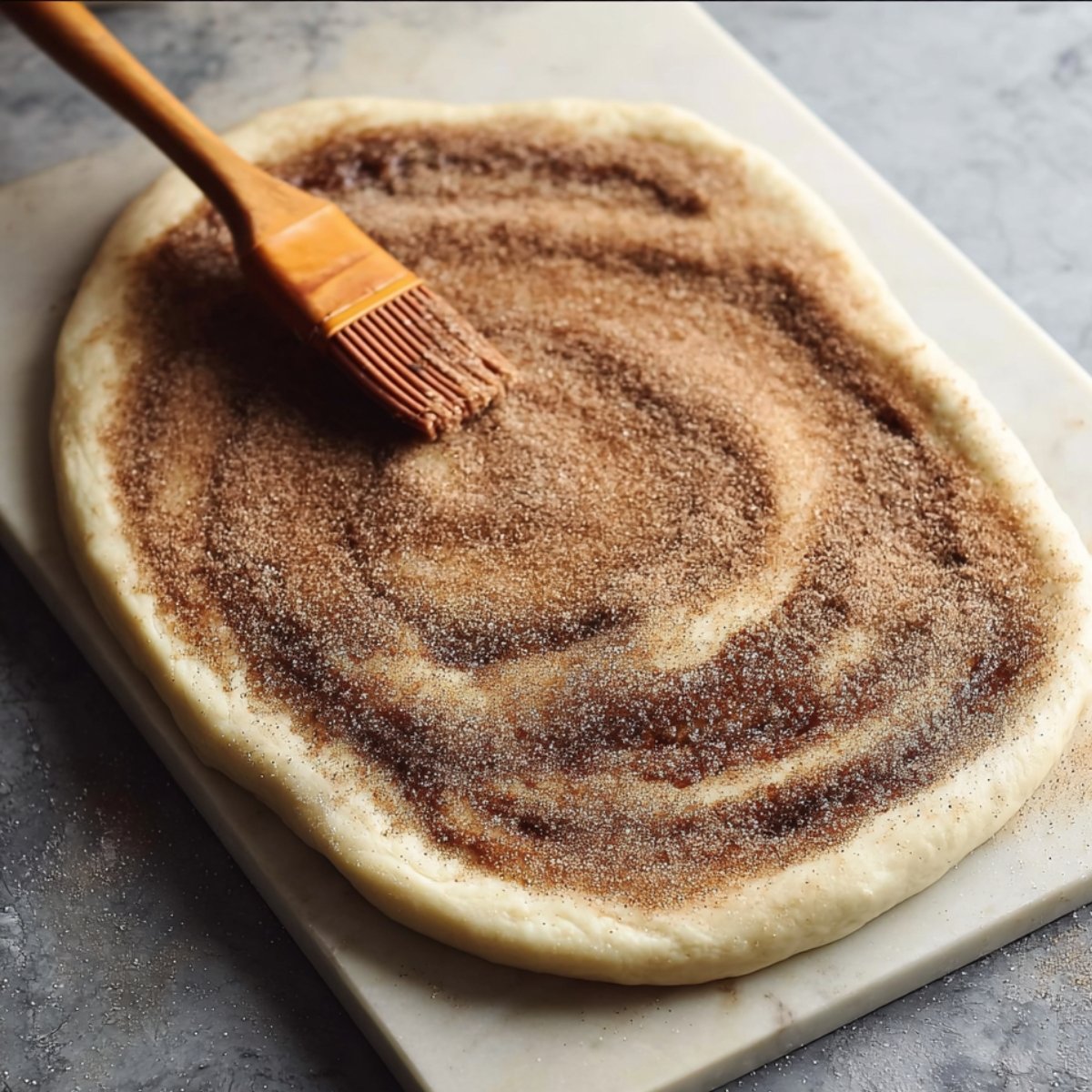 Cinnamon sugar mixture being brushed over rolled-out dough, preparing it for the cinnamon rolls.