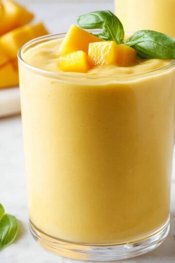 Glass of creamy mango smoothie garnished with fresh basil leaves and diced mango, served on a light marble surface.