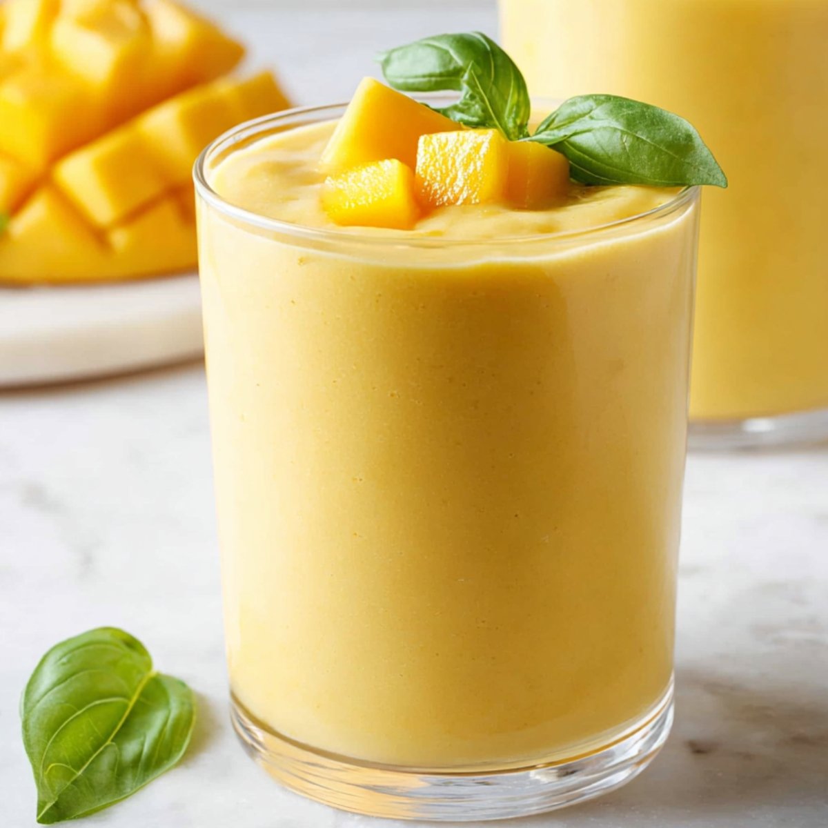 Glass of creamy mango smoothie garnished with fresh basil leaves and diced mango, served on a light marble surface.