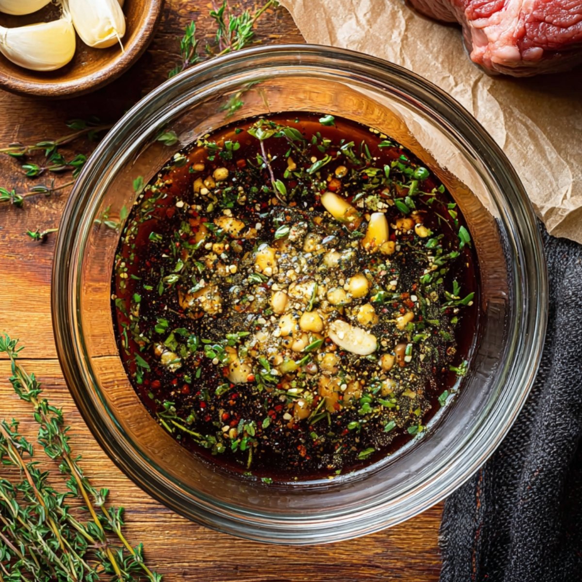 Glass bowl filled with steak marinade made from herbs, garlic, spices, and oil on a wooden surface.