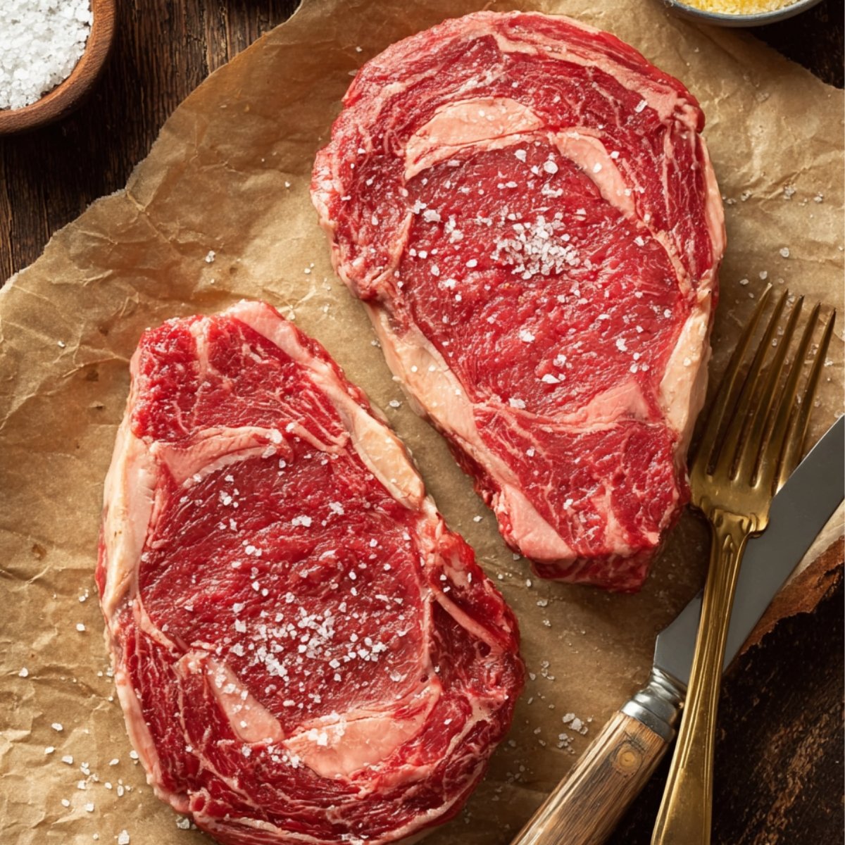 Two raw ribeye steaks seasoned with coarse salt on parchment paper beside a knife and fork.