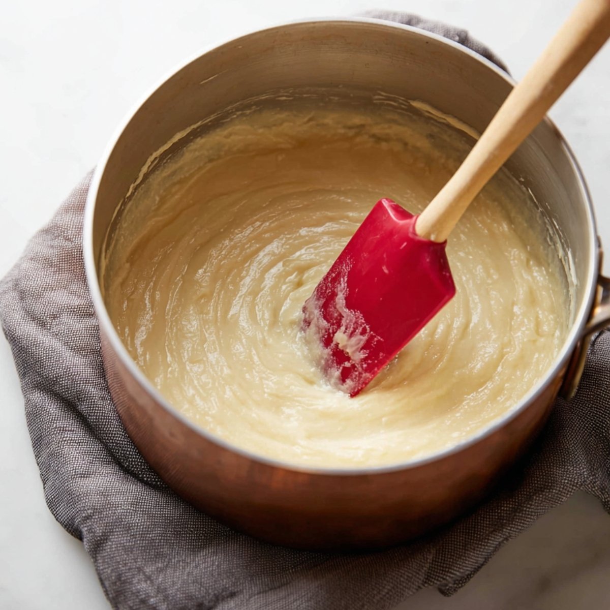 Copper saucepan with a creamy coconut filling being stirred with a red silicone spatula, sitting on a gray kitchen towel.