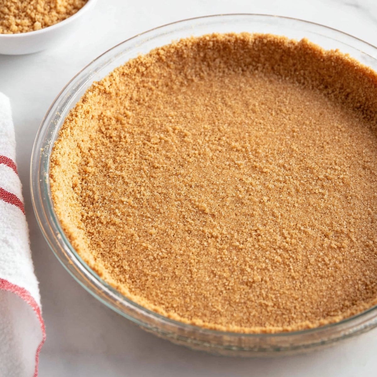 A graham cracker crust pressed into a glass pie dish, ready to be filled with a creamy dessert mixture.