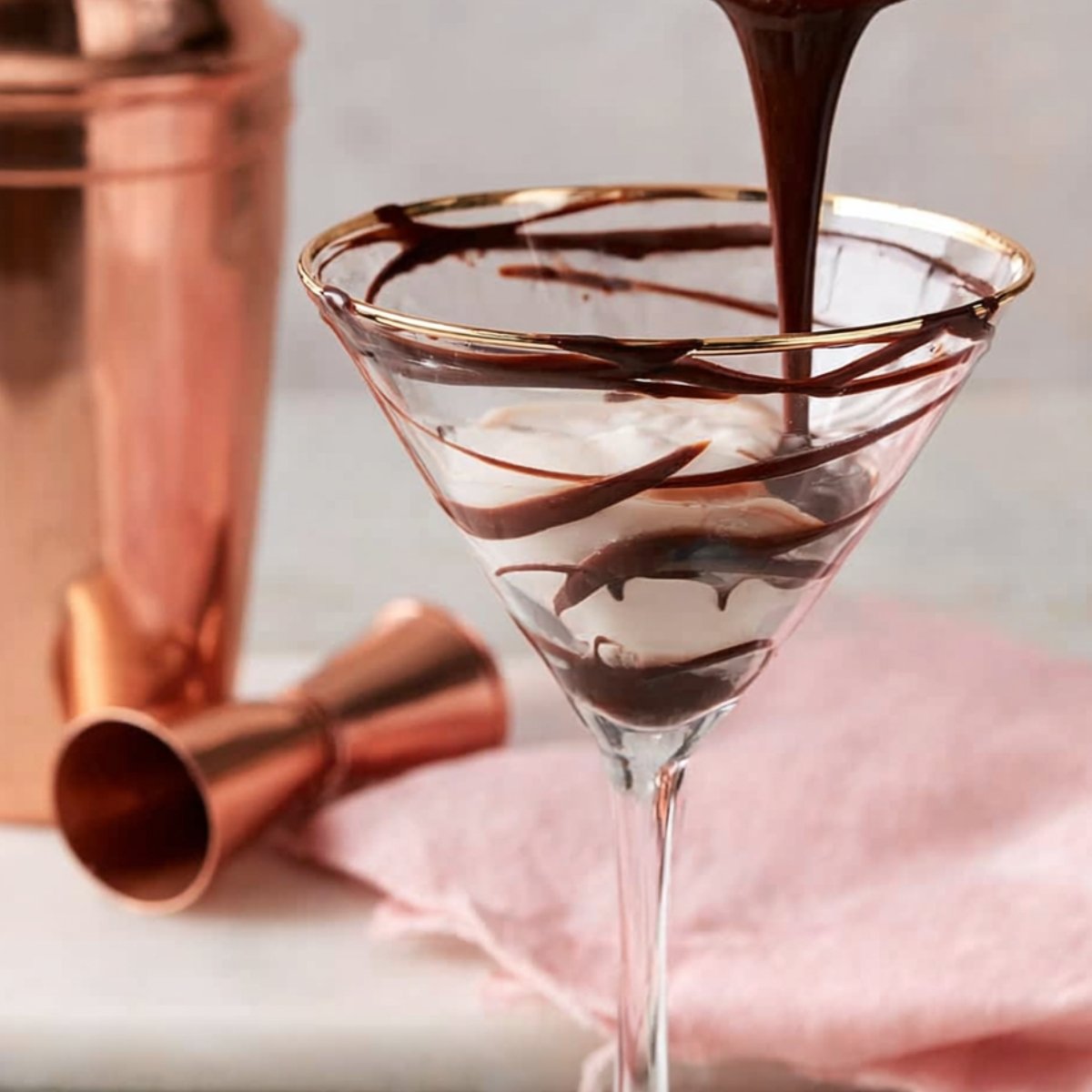 Pouring smooth, melted chocolate into a martini glass, creating elegant chocolate swirls along the inside rim, preparing the glass for a decadent drink.