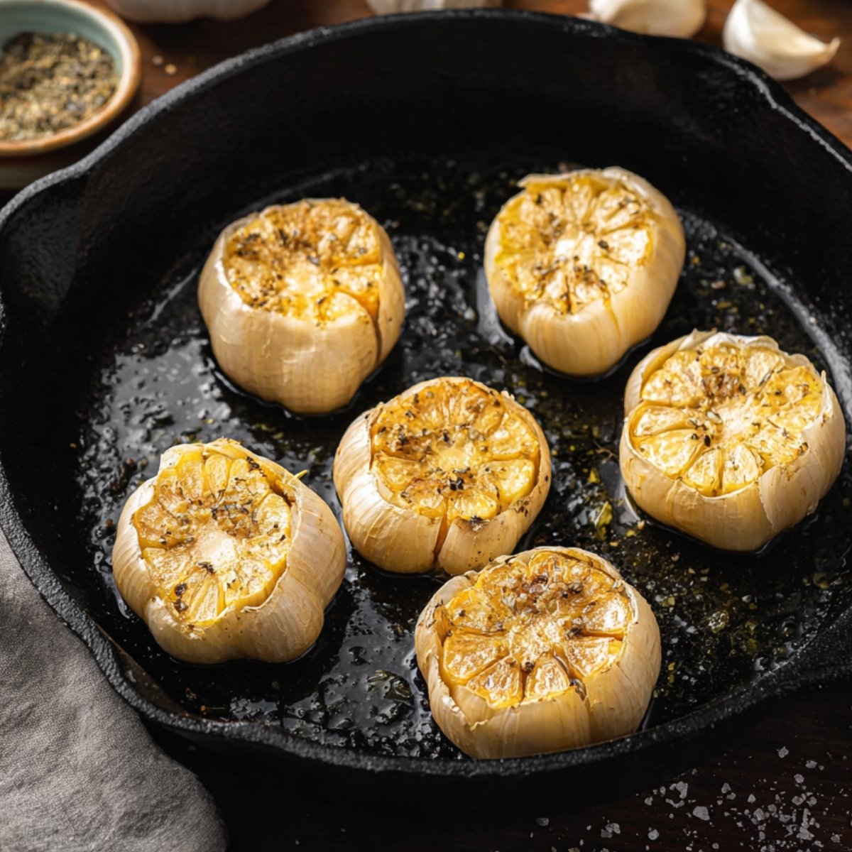 Whole garlic heads roasting in a cast iron pan with olive oil and cracked black pepper.