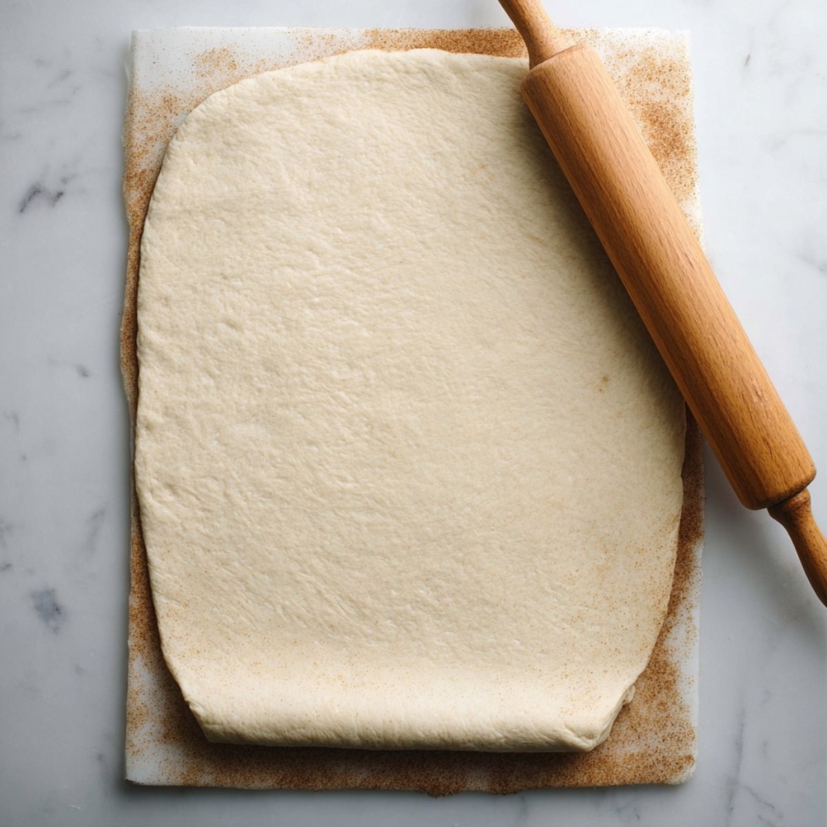 Rolling out dough with a rolling pin on a countertop, preparing it for baking.