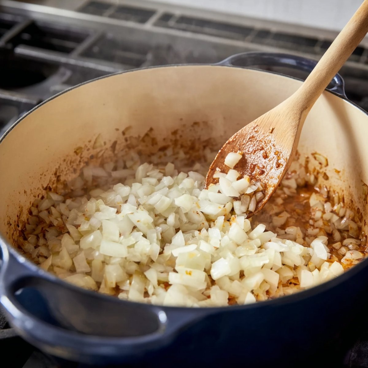 Chopped onions sautéing in a large blue Dutch oven with a wooden spoon on the stovetop.