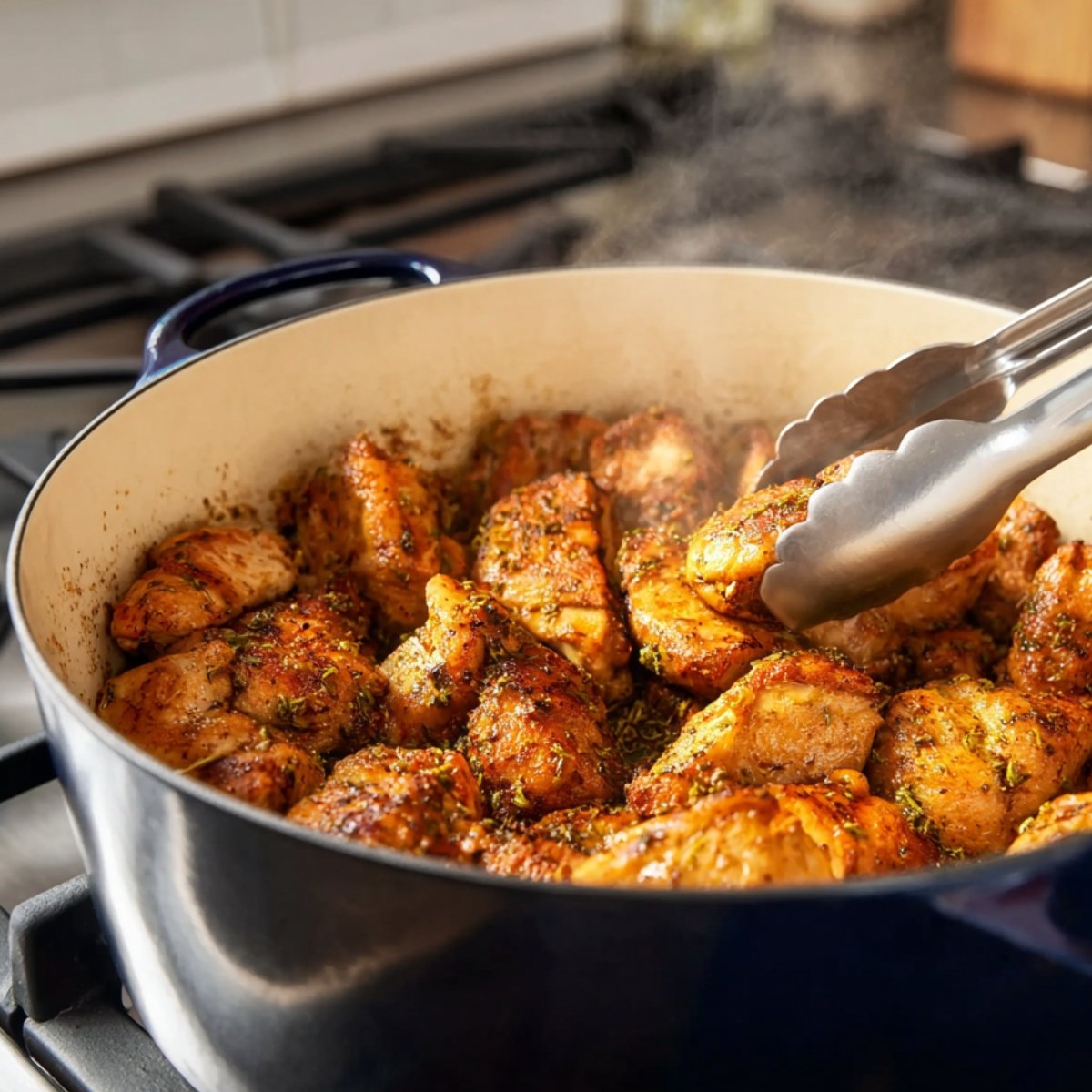 Seasoned chicken pieces being seared in a Dutch oven with metal tongs until golden brown.
