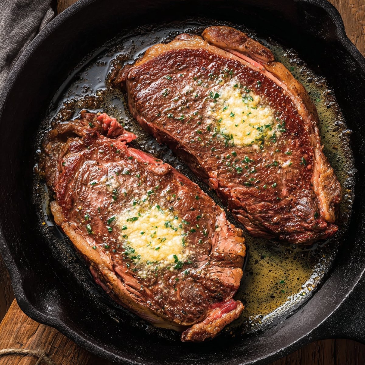 Two ribeye steaks searing in a cast iron skillet with garlic butter melting on top.