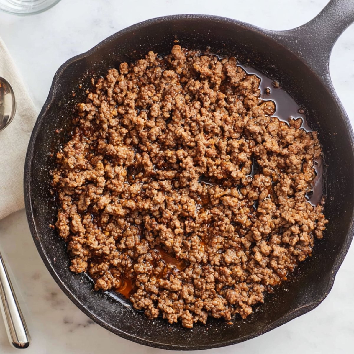 Cooked ground beef in a cast iron skillet, browned and crumbled, with a small amount of oil or seasoning visible in the pan.