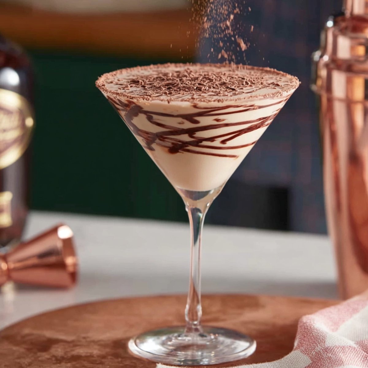 A hand sprinkling finely grated chocolate over a beautifully prepared chocolate martini, with chocolate swirls on the rim and a rich, creamy finish.