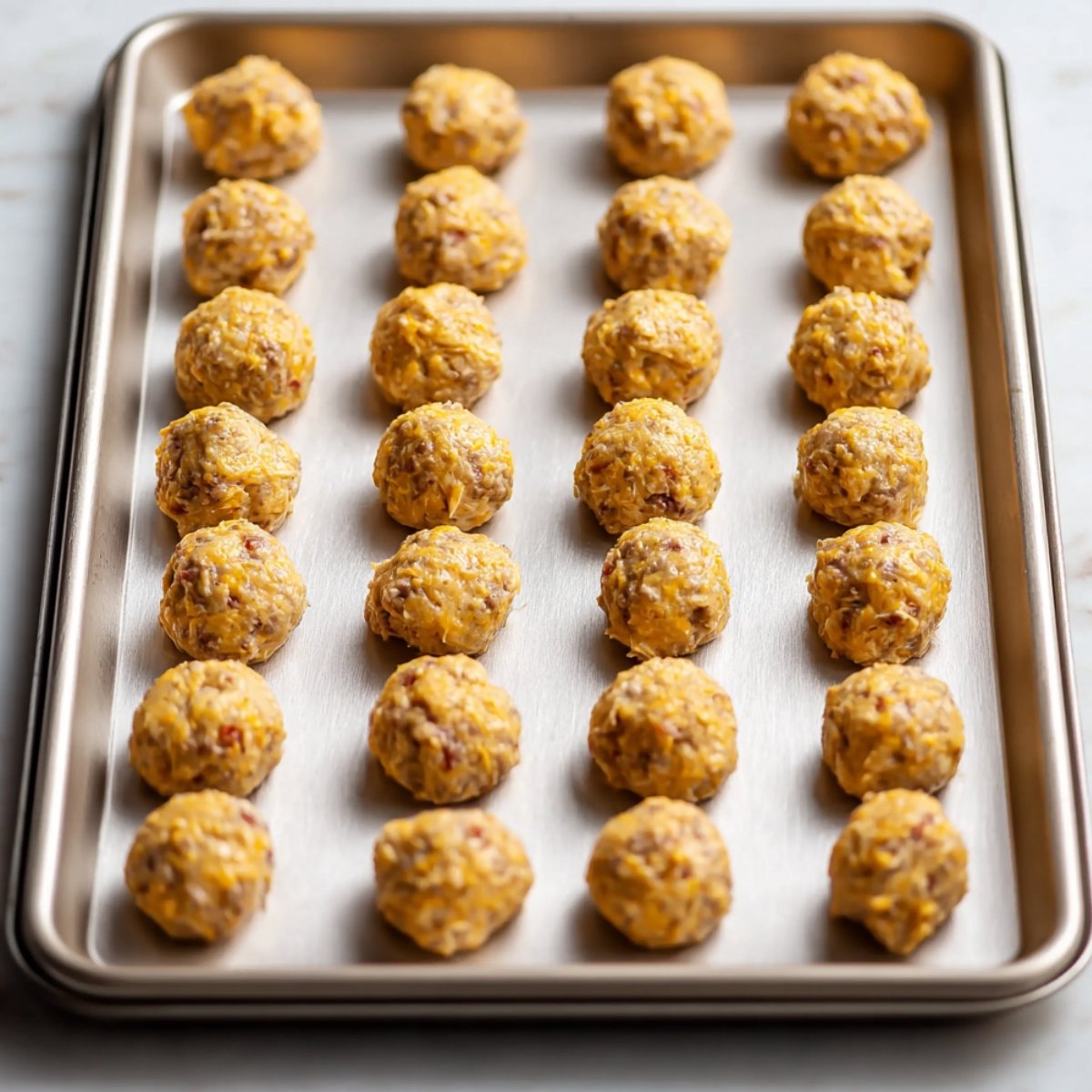 Unbaked sausage balls made with Bisquick and cheese, neatly arranged on a parchment-lined baking sheet, ready to be baked into golden, savory bites.