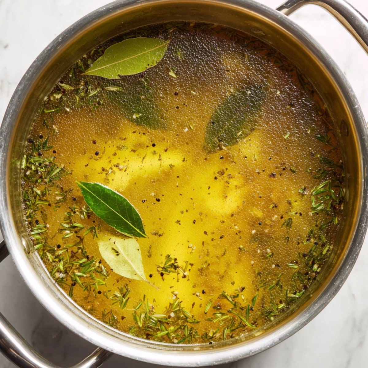 Simmering chicken in a seasoned broth for chicken noodle soup.