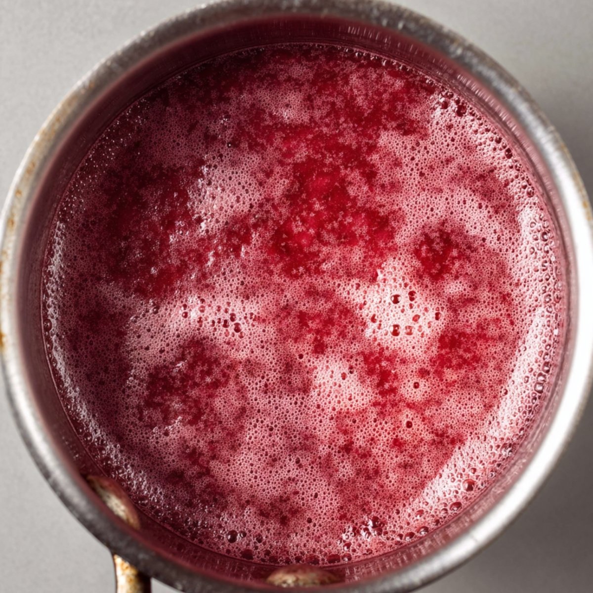 Close-up of homemade strawberry syrup simmering in a saucepan, turning deep red and foamy